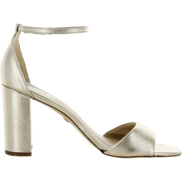 NIB Sam Edelman Robyn Gold Leather Block Heels Women's Size 10 W Strap Buckle - Picture 2 of 6